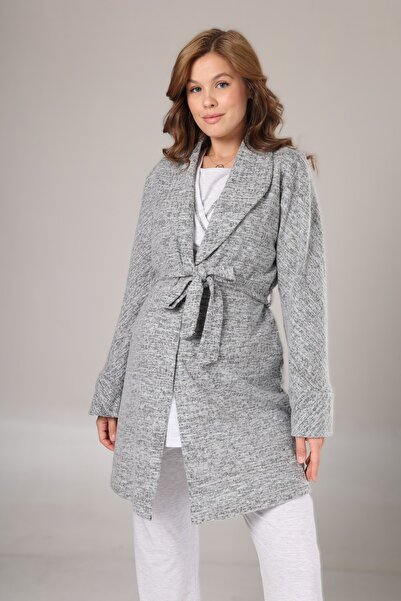 Pelin Women's Gray Double-Breasted Collar Adjustable Waist Specialized Maternity 3-Piece Pajama Set