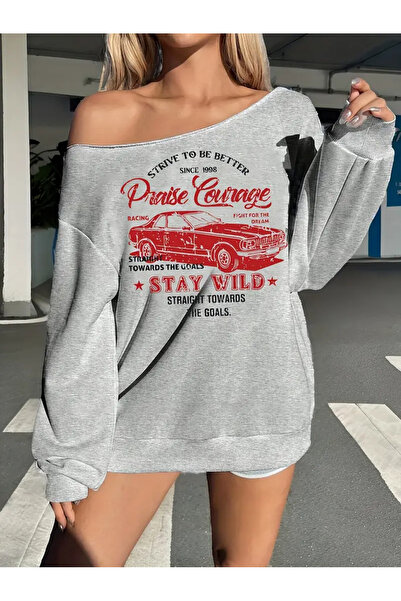 LOUİSA Women's Gray Boat Neck Stay Wild Printed Sweatshirt