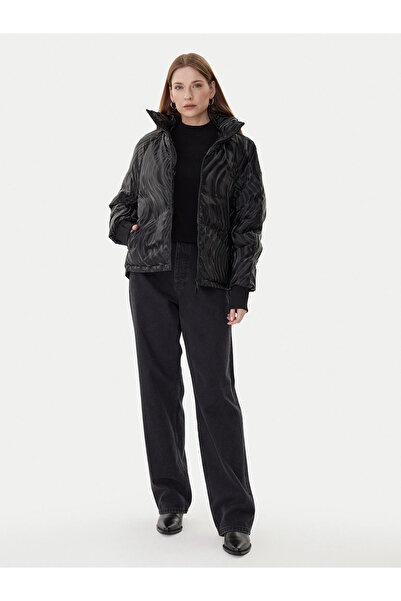 Armani Exchange Women Patterned Regular Fit Removable Hooded Long Sleeve Mock Neck Black Coat Xw000690 Af16211-Fc10