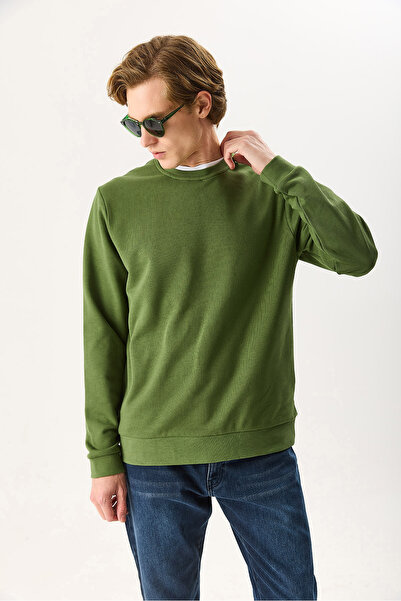 VENA Ανδρικό φούτερ Rich Crew Neck Regular Fit 3 Thread Basic 100% βαμβάκι - Χακί
