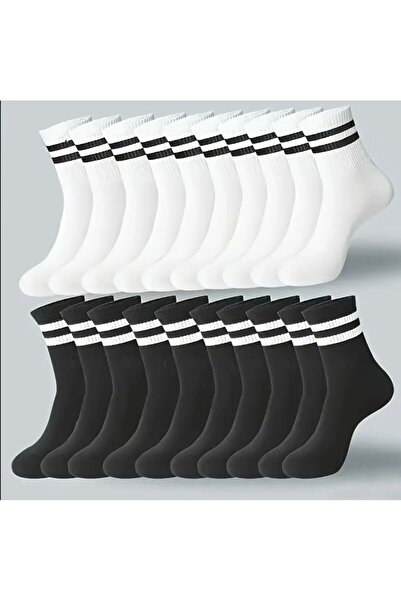 Vast Unisex Black and White Hoop Tennis College Cotton Socks 20-Pack (10 Pairs White, 10 Pairs Black)