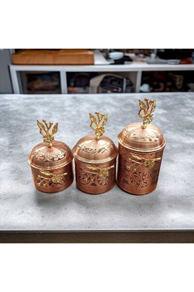 Bakır Center Copper Spice Jar Set of 3 Japanese Rose Spice Jar Set Copper Carved Spice Jar Copper Storage Container
