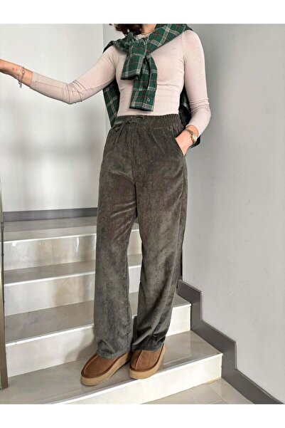 Sude Kızanlıklı Beli Lastikli Fitilli Kadife Pantolon