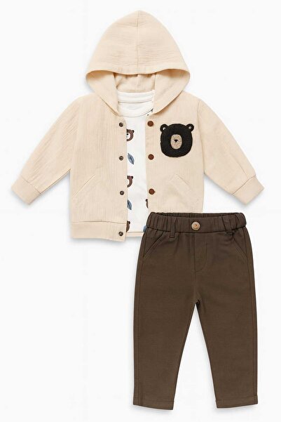 gigigiyim Teddy Bear Embroidered Hooded 3-Piece Boy's Set