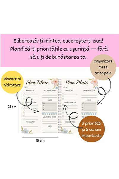 OBRO Daily Planner Notebook – Spiral Bound, Floral Cover, To-Do List Organizer, 100 Pages, A5, Romanian