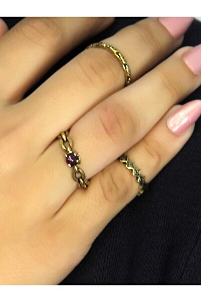 esha Natural Stone 3-Piece Garnet (Ruby) Natural Stone Chain Model Women's Adjustable Ring Set Euy83