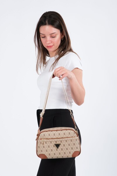 Newish Women's Monogram Patterned Long Strap Crossbody Shoulder Bag 2 Pieces – Brown - Beige Tan