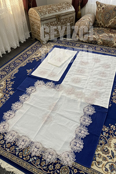 Çt Çeyizci Tekstil طقم سجادة صلاة فرنسي من الدانتيل مكون من 4 قطع