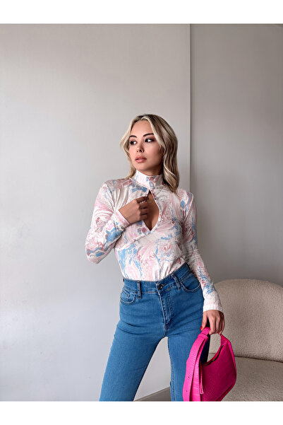 MELA ROSSA Women's Pink Patterned Mock Neck Window Long Sleeve Blouse