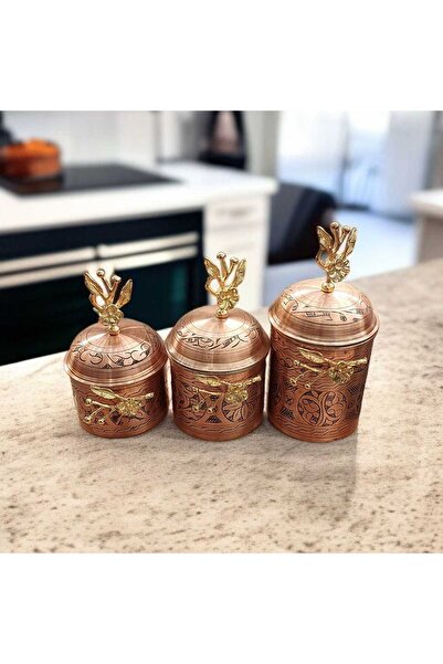 Bakır Center Copper Spice Jar Set of 3 Japanese Rose Spice Jar Set Copper Carved Spice Jar Copper Storage Container