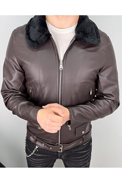 albay outdoor Brown Collar Fur Leather Jacket