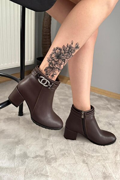 Preshley Γυναικείες μπότες Hana καφέ πέτρα με αγκράφα (6 εκ.) με τακούνι με οβάλ μύτη