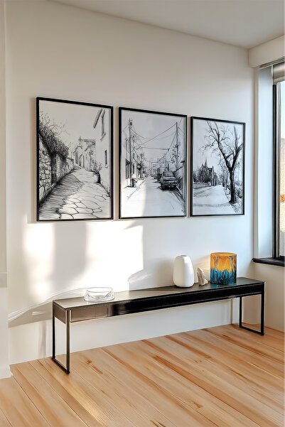 huhuli Ahşap Siyah Çerçeveli 3'lü Kara Kalem TasarımlıTablo Huhu518