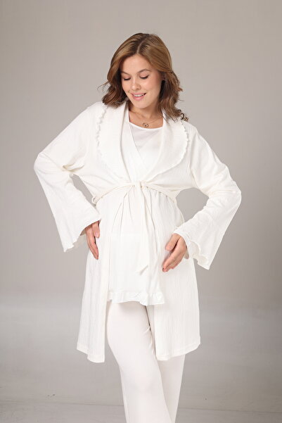 LOHOUSE Women's Ecru Jacquard Shawl Collar Maternity Dressing Gown 3-Piece Pajama Set