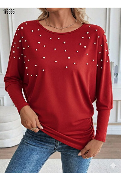 moda wanilia Pearl Round Neck Long Sleeve Viscose Women's Blouse