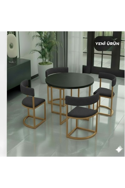 EDMONDA EV AKSESUAR MELİS GOLD METAL 90 CM ÇAP YUVARLAK YEMEK MASASI TAKIMI 4...