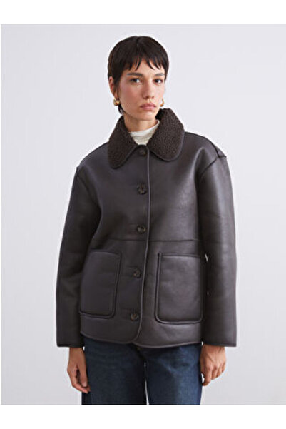 LC Waikiki Lcw Visionbrown Plush Shirt Collar Women's Leather-Look Coat