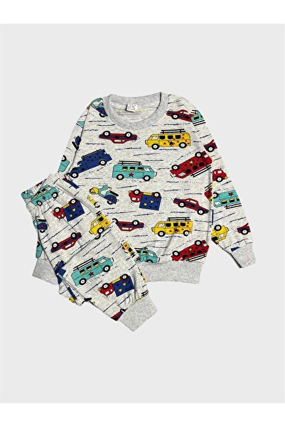 ALİŞ KİDS Boy's Cotton Fleece-Lined Gray Car Patterned Long Sleeve Winter Pajamas Set