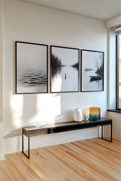 huhuli Ahşap Siyah Çerçeveli 3'lü Kara Kalem Tasarımlı Tablo Huhu519