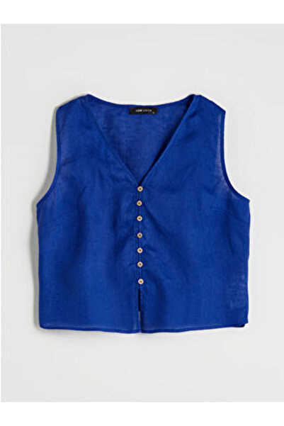 LC Waikiki M1 Sezon Blue V-Neck Strap 100% Linen Blouse