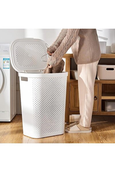 Cleany Genie Laundry Hamper Basket with Lid, 50L Capacity, Perforated Design, White