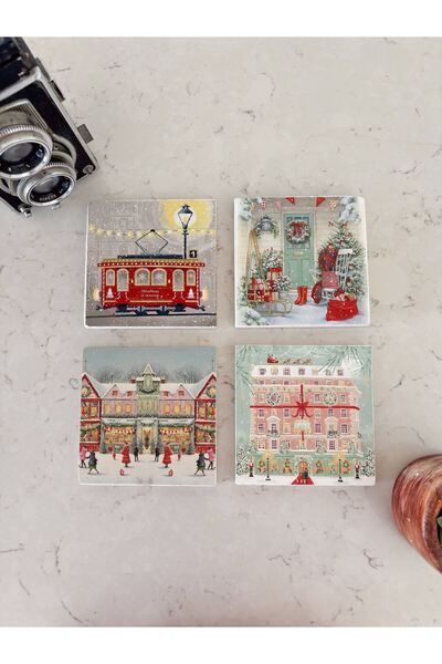 arslart حامل أكواب من الحجر الطبيعي بتصميم مدينة عيد الميلاد القديمة والترام الأحمر، هدية رأس السنة، مجموعة من 4 قطع
