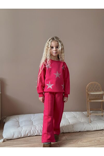 Patriko Girl's Fuchsia Color Stylish Star-Printed with Stone Printing, Fleece-Lined Inside, Winter New Season Wide-Leg Bottom and Top Set