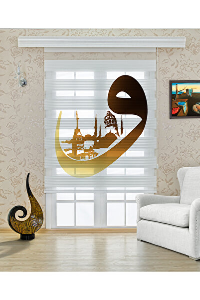 Yznhome Salon – Altın Arapça Hat ve Cami Silüeti Desenli Zebra Perde – YZN-425