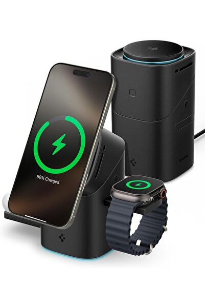 Spigen 3in1 Kablosuz Şarj Cihazı iPhone & Apple Watch & AirPods Qi2 Hızlı Kablosuz Şarj 30W Black ACH09542