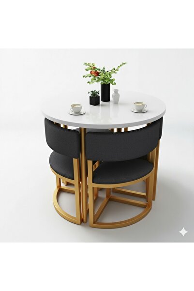 EDMONDA EV AKSESUAR MELİS GOLD METAL 90 CM ÇAP YUVARLAK YEMEK MASASI TAKIMI 4 KİŞİLİK BALKON MASASI TAKIMI MUTFAK MASASI