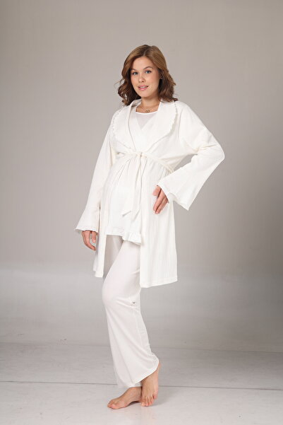 LOHOUSE Women's Ecru Jacquard Shawl Collar Maternity Dressing Gown 3-Piece Pajama Set