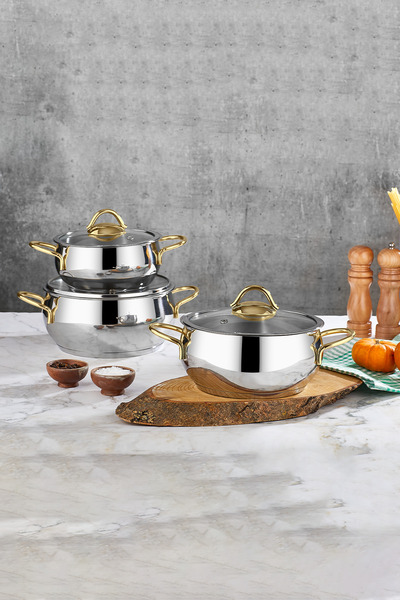 PoloChef طقم أواني طهي من الفولاذ المقاوم للصدأ 18/10 من برو لاين، 6 قطع مع أغطية، ذهبي اللون