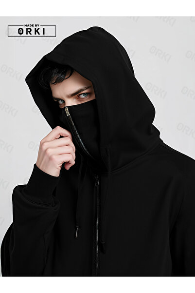 EFFRENATU Masked Ninja Black Unisex Sweatshirt Cardigan 3 Yarn Thick Pola