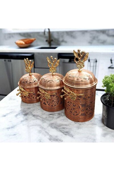 Bakır Center Copper Spice Jar Set of 3 Japanese Rose Spice Jar Set Copper Carved Spice Jar Copper Storage Container