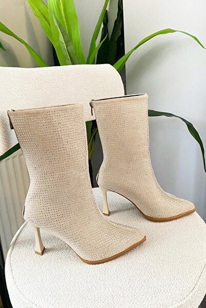 Preshley Жіночі короткі чоботи-боти з бежевого замшу з срібними вставками, 9 см тонкий каблук, застібка-блискавка ззаду