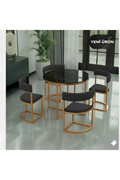 EDMONDA EV AKSESUAR MELİS GOLD METAL 90 CM ÇAP YUVARLAK YEMEK MASASI TAKIMI 4...