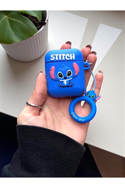 KVK PRİVACY AirPods 1 ve 2 Nesil Uyumlu Mavi Stitch 3d Kabartmalı Desenli Silikon Charmlı Kulaklık Kılıfı