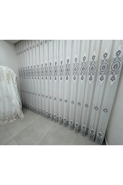 NİVEMESHOME Ottoman Motifed 1453 Silver Detailled 1/2.5 Pleated Tulle Curtain Apm