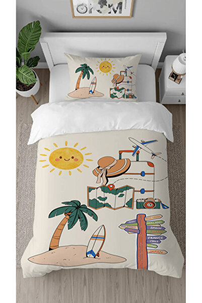 GREENDECOR World Trip Palm Sun Travel Patterned Digital Printed Design Children's Duvet Cover Set Without Sheets