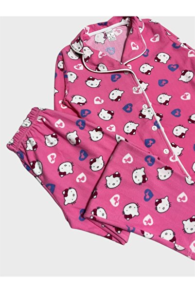 ALİŞ KİDS Σετ πιτζάμες για κορίτσια από βαμβακερό ύφασμα σουέτ ροζ με σχέδιο Hello Kitty με μακρυμάνικο πουκάμισο με κουμπιά στο γιακά