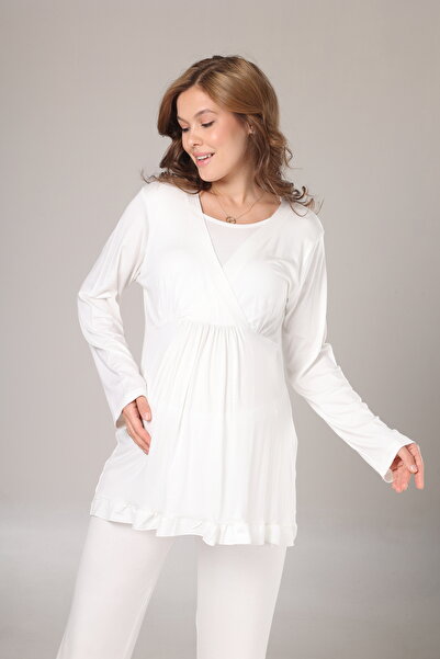 LOHOUSE Women's Ecru Jacquard Shawl Collar Maternity Dressing Gown 3-Piece Pajama Set