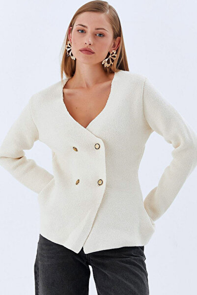 MissThetis Kruvaze Kapama V Yaka 4 Düğmeli Uzun Kollu Regular Boy Kalıp Triko...