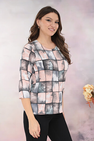 Trend Land Ροζ-γκρι μπλούζα με γεωμετρικά σχέδια