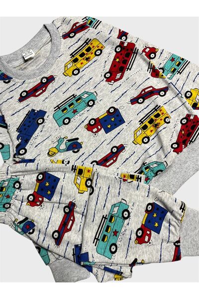 ALİŞ KİDS Boy's Cotton Fleece-Lined Gray Car Patterned Long Sleeve Winter Pajamas Set
