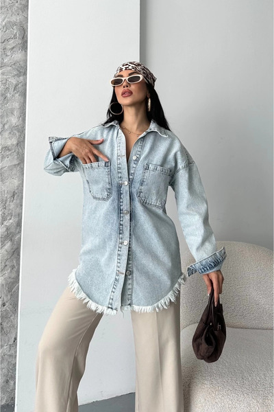 Zerenyus Pocketed Tasseled Snow Wash Denim Jacket Blue