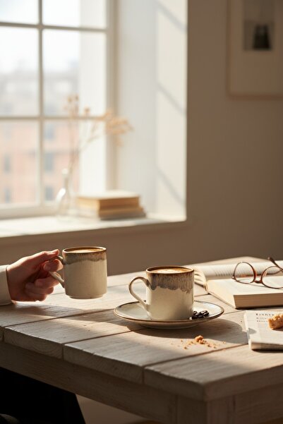 KÜTAHYA HOME Rustic Stoneware Set of 2 Porcelain Coffee Cups – Natural Texture