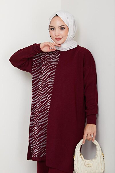 katalya Zebra Pattern Detailed Knitwear Set – Burgundy