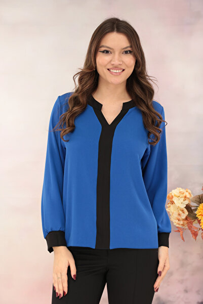 Trend Land Bluza albastra cu insertii negre la decolteu si mansete