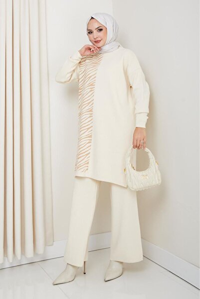 katalya Zebra Pattern Detailed Knitwear Set – Cream