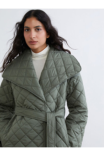 LC Waikiki Khaki Jacket Collar Quilted Women's Puffer Coat